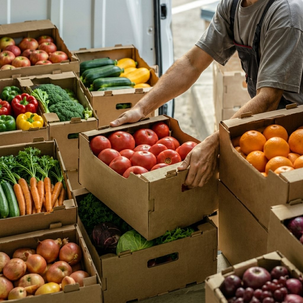 Pequeno produtor carregando caixas de hortifrúti