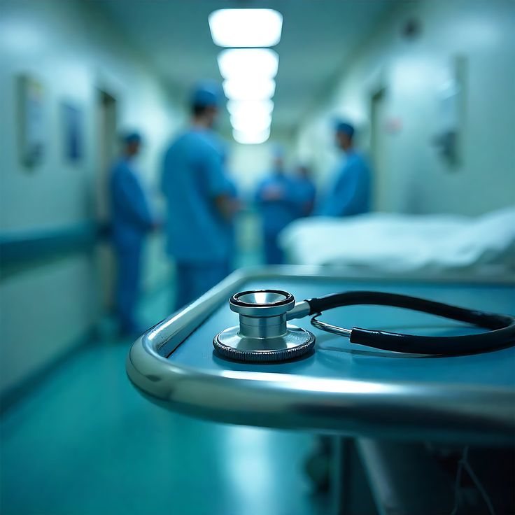 Corredor de hospital com equipe de saúde ao fundo